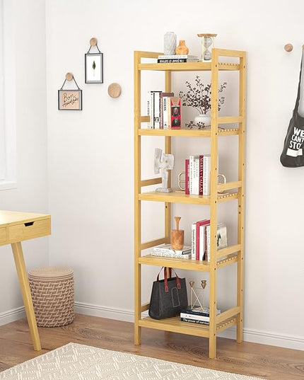 Homykic Bamboo Bookshelf, 5-Tier Narrow 55.9” Adjustable Book Shelf Bookcase Bathroom Shelves Freestanding Storage Stand for Living Room, Bedroom, Kitchen, Rust Resistance, Easy Assembly, Natural - LeafyLoom