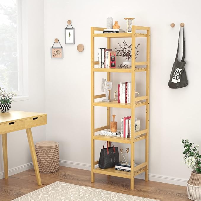 Homykic Bamboo Bookshelf, 5-Tier Narrow 55.9” Adjustable Book Shelf Bookcase Bathroom Shelves Freestanding Storage Stand for Living Room, Bedroom, Kitchen, Rust Resistance, Easy Assembly, Natural - LeafyLoom