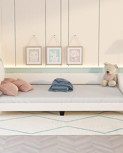 Twin Size Upholstered Daybed, Wooden Low Platform Bed Frame with Carton Ears Shaped Headboard, Rails for Kids Girls Boys, White - LeafyLoom