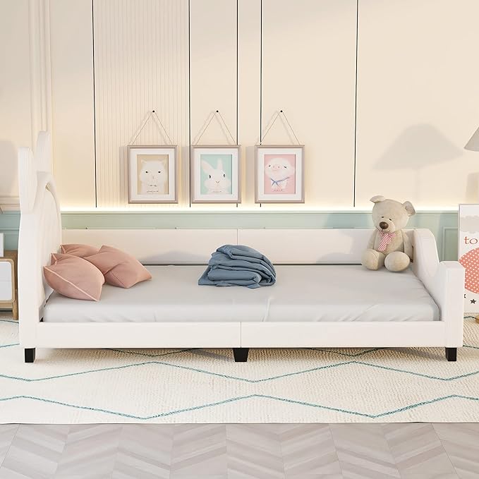 Twin Size Upholstered Daybed, Wooden Low Platform Bed Frame with Carton Ears Shaped Headboard, Rails for Kids Girls Boys, White - LeafyLoom