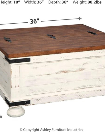Signature Design by Ashley Wystfield Farmhouse Square Storage Coffee Table with Hinged Lift Top, Distressed White - LeafyLoom