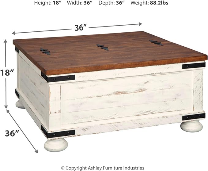Signature Design by Ashley Wystfield Farmhouse Square Storage Coffee Table with Hinged Lift Top, Distressed White - LeafyLoom