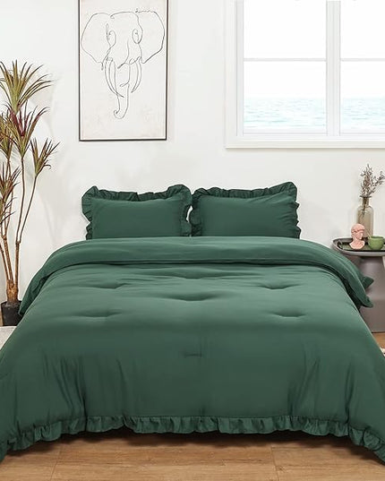 JANZAA King Size Comforter Set Emerald Comforter Set 3PCS (1 Ruffled Comforter Set and 2 Pillowcases) Fluffy Comforter Set Vintage Farmhouse Shabby Chic Bedding Soft All Season - LeafyLoom