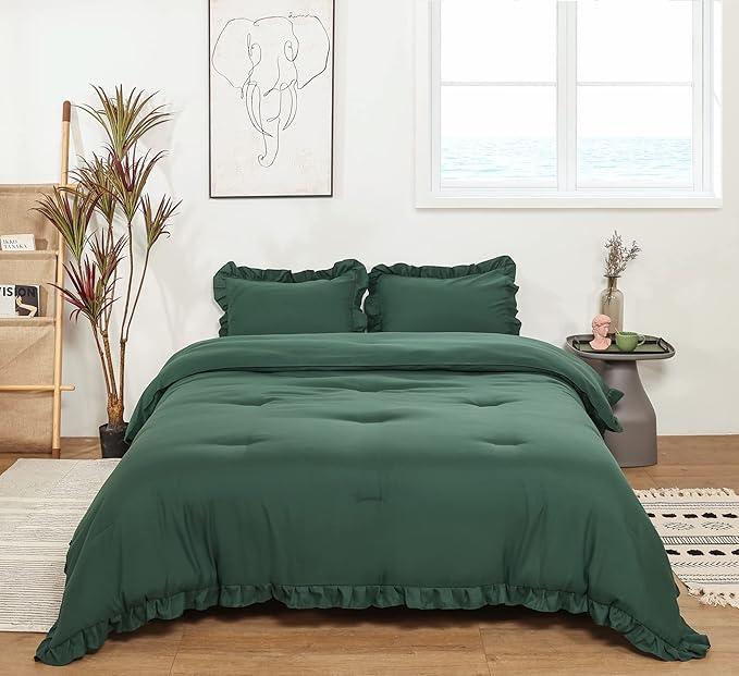 JANZAA King Size Comforter Set Emerald Comforter Set 3PCS (1 Ruffled Comforter Set and 2 Pillowcases) Fluffy Comforter Set Vintage Farmhouse Shabby Chic Bedding Soft All Season - LeafyLoom
