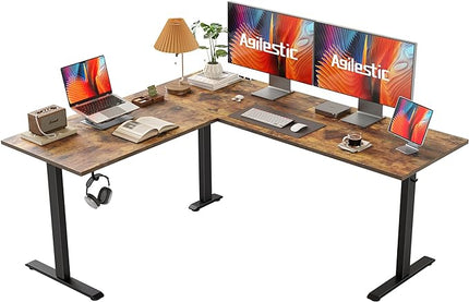 L Shaped Standing Desk Adjustable Height, Electric Corner Standing Desk, 63 x 55 inch Sit Stand Computer Table with Splice Board, Rustic Brown - LeafyLoom