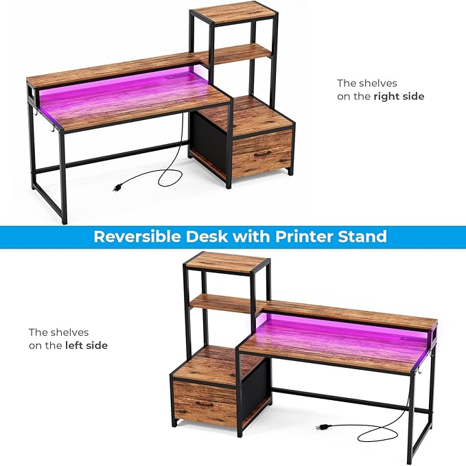 GreenForest Computer Desk with Drawer and Printer Shelf, 68.8 inch Home Office Desk with LED Lights and Power Outlets, Desk with Storage for Study Gaming Working, Walnut - LeafyLoom