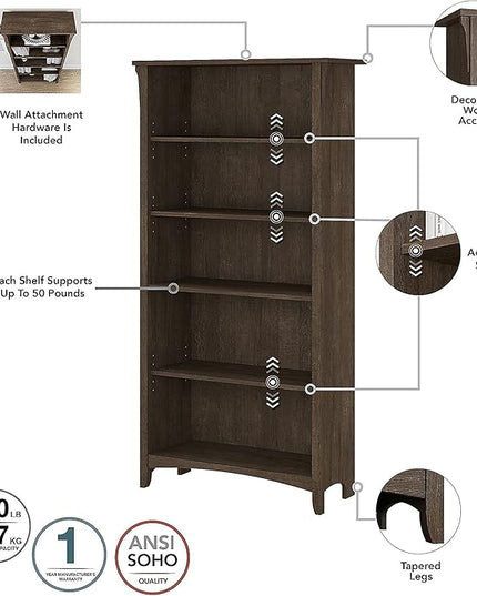 Bush Furniture Salinas Tall 5 Shelf Bookcase in Ash Brown - LeafyLoom