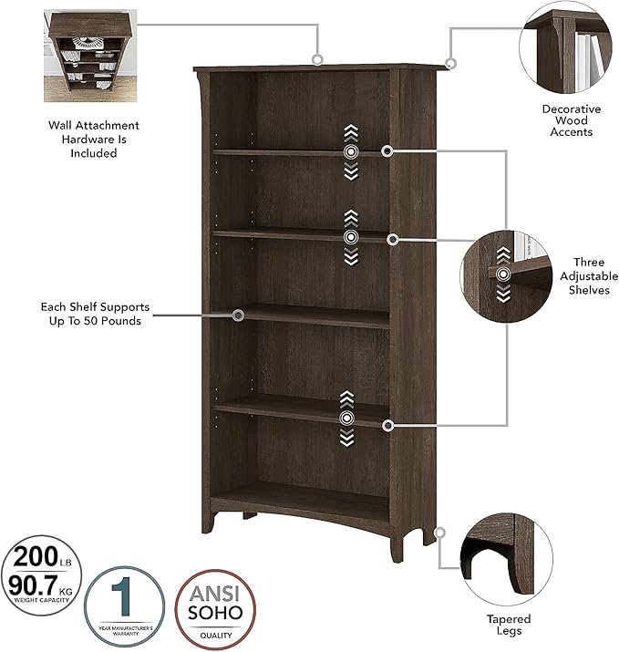 Bush Furniture Salinas Tall 5 Shelf Bookcase in Ash Brown - LeafyLoom