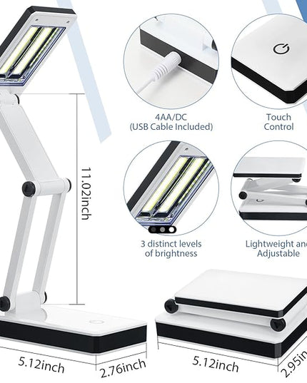 6 Pcs Foldable LED Desk Lamp with USB 3 Adjustable Brightness Portable Rechargeable Light Folding 240 Lumens Touch Control Table Lamp for Travel Reading Home Office, Battery and USB Powered - LeafyLoom