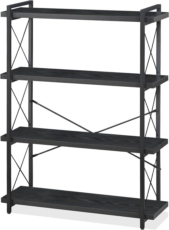 HCHQHS Bookshelf, 4-Tier Industrial Bookcase, Black Open Book Shelf, Freestanding Tall Bookshelves with Metal Frame - LeafyLoom