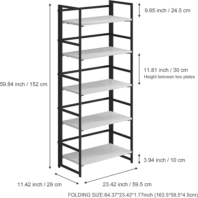 No-Assembly Folding Bookshelf Storage Shelves 5 Tiers Vintage Multifunctional Plant Flower Stand Storage Rack Shelves Bookcase for Home Office White&Black - LeafyLoom