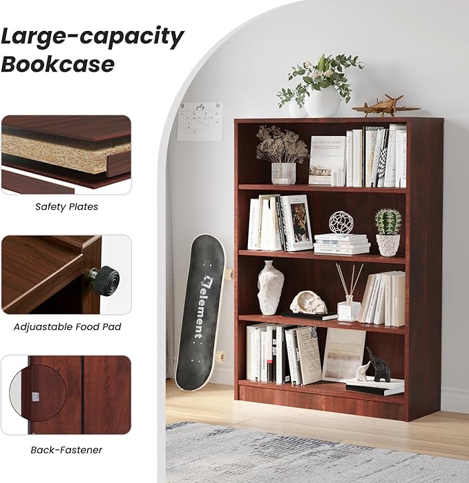 Farini 4 Shelf boockase Display Bookcase Freestanding Wooden Bookshelves for Home Office Living Room,48 Inch Height，Cherry - LeafyLoom