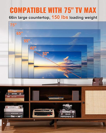 VEVOR Rattan TV Stand for 75in TV, Boho TV Stand with Rattan Door, Entertainment Center with Build-in Socket, Storage Cabinet with 2 Shelves, Modern TV Console for Living Room, Media Room, Walnut - LeafyLoom