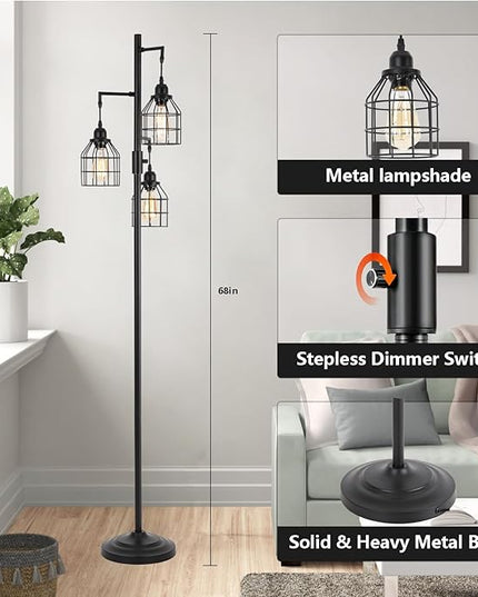 9MMML Floor Lamp for Living Room, Farmhouse Industrial Dimmable Floor lamp,3 Lights Metal Cage Tree Standing Lamp,68", 3Pcs Led Bulbs Included - LeafyLoom