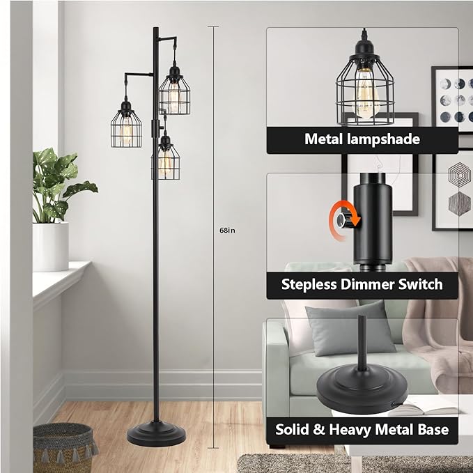 9MMML Floor Lamp for Living Room, Farmhouse Industrial Dimmable Floor lamp,3 Lights Metal Cage Tree Standing Lamp,68", 3Pcs Led Bulbs Included - LeafyLoom