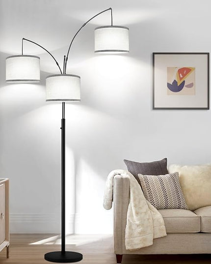 Dimmable Floor Lamp, 3 Lights Arc Floor Lamps for Living Room, Modern Tall Standing Tree Lamp with Gray Linen Shade & Heavy Base, Large Floor Lamp for Bedroom Office, 3x1000 LM LED Bulbs Included - LeafyLoom