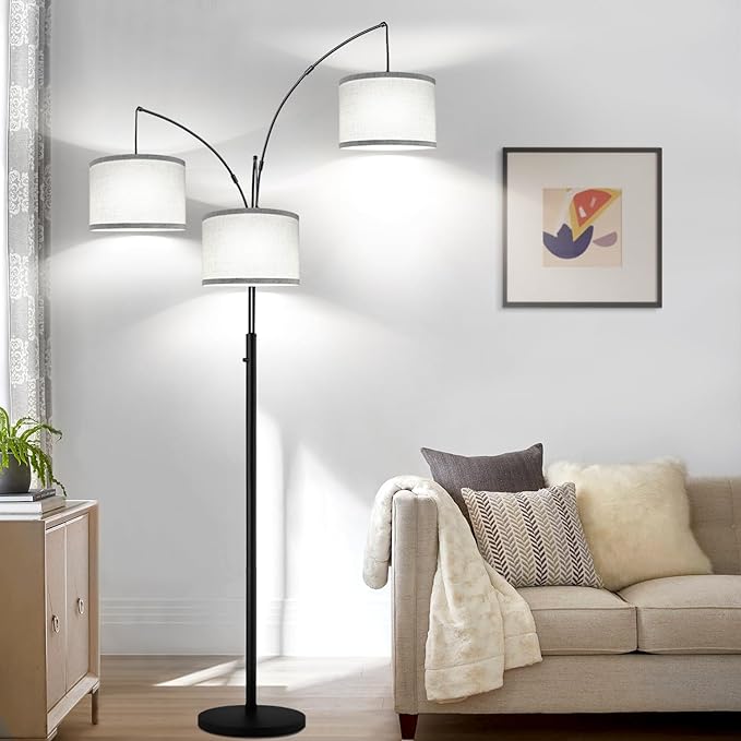 Dimmable Floor Lamp, 3 Lights Arc Floor Lamps for Living Room, Modern Tall Standing Tree Lamp with Gray Linen Shade & Heavy Base, Large Floor Lamp for Bedroom Office, 3x1000 LM LED Bulbs Included - LeafyLoom