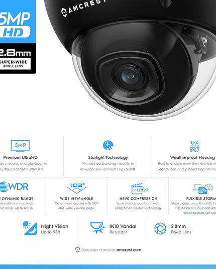 Amcrest 5MP POE Camera, Outdoor Vandal Dome Security POE IP Camera, 5-Megapixel, 98ft NightVision, 2.8mm Lens, IP67, IK10 Resistance, MicroSD 256GB (Sold Separately), Cloud, NVR (IP5M-D1188EB-28MM) Amcrest