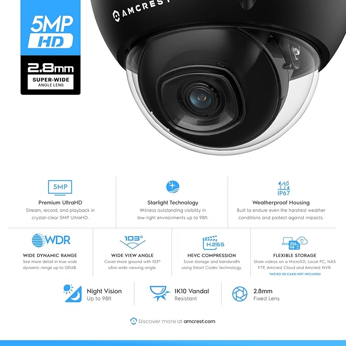 Amcrest 5MP POE Camera, Outdoor Vandal Dome Security POE IP Camera, 5-Megapixel, 98ft NightVision, 2.8mm Lens, IP67, IK10 Resistance, MicroSD 256GB (Sold Separately), Cloud, NVR (IP5M-D1188EB-28MM) Amcrest