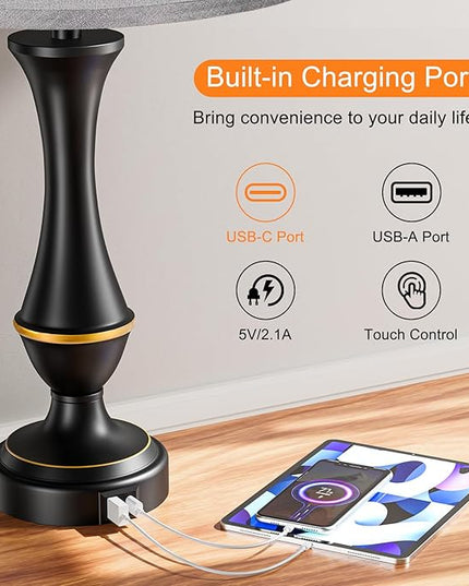 Touch Lamps for Bedrooms Set of 2 - Nightstand Table Lamp with USB C+A, 3 Way Dimmable Bedside Lamps for Living Room End Tables Set of 2, Farmhouse Night Stand Lamps for Bed Side Guest Room(Grey) - LeafyLoom