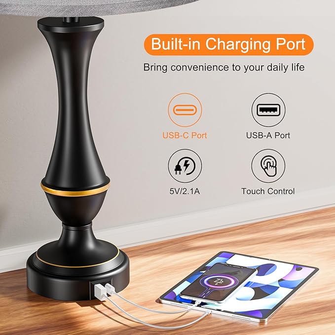 Touch Lamps for Bedrooms Set of 2 - Nightstand Table Lamp with USB C+A, 3 Way Dimmable Bedside Lamps for Living Room End Tables Set of 2, Farmhouse Night Stand Lamps for Bed Side Guest Room(Grey) - LeafyLoom