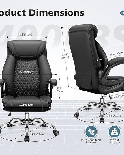 Office Chair, Ergonomic High Back Home Office Desk Chair, Big and Tall Breathable Leather Office Chair with Lumbar Support Flip-Up Armrests, Computer Chair with Rocking Function - LeafyLoom