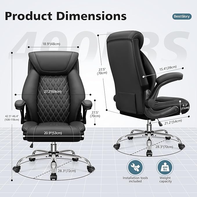 Office Chair, Ergonomic High Back Home Office Desk Chair, Big and Tall Breathable Leather Office Chair with Lumbar Support Flip-Up Armrests, Computer Chair with Rocking Function - LeafyLoom