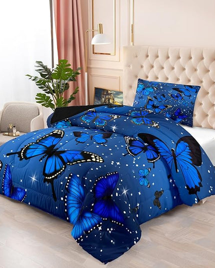 Blue Butterfly Comforter, Butterfly Bedding Set for Girls, Blue Butterflies with Sky Stars Prints Comforter Set for Women Girls Butterfly Bedding Twin Size Quilt Set, 1 Comforter + 1 Pillowcase - LeafyLoom