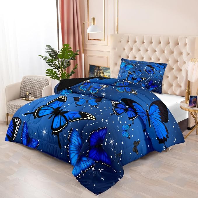 Blue Butterfly Comforter, Butterfly Bedding Set for Girls, Blue Butterflies with Sky Stars Prints Comforter Set for Women Girls Butterfly Bedding Twin Size Quilt Set, 1 Comforter + 1 Pillowcase - LeafyLoom