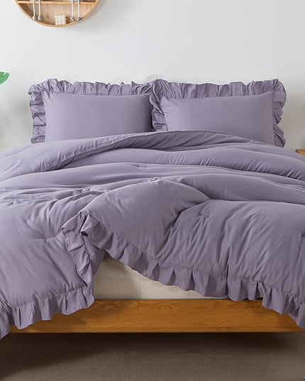 Andency Purple Twin Size Comforter(66x90Inch), 2 Pieces(1 Ruffle Comforter and 1 Pillowcase) Solid Farmhouse Shabby Chic Comforter, Lighteweight and Soft Microfiber Bedding Set - LeafyLoom