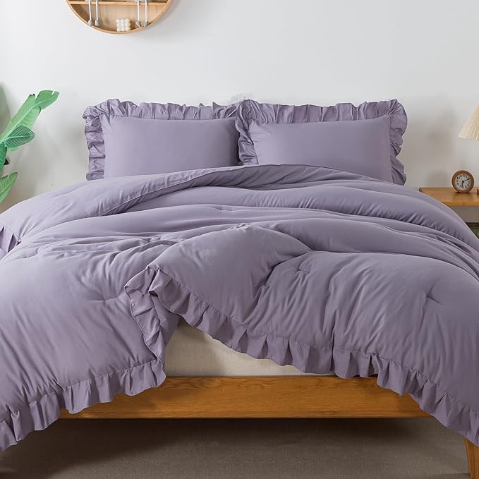 Andency Greyish Lavender Purple Full Size Comforter Set, 3 Pieces(1 Ruffle Comforter and 2 Pillowcases) Lightweight Fluffy Bedding Comforter Sets Full Bed, All Season Soft Microfiber Bedding Set - LeafyLoom