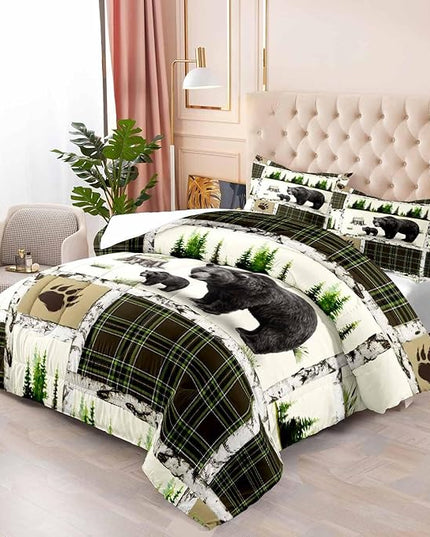 LUVIVIHOME 3PCS Rustic Cabin Bedding, Black Bear Comforter Set Queen Size, Country Lodge Farmhouse Forest Animal Wildlife Hunting Log Cabin Bedroom Decor, Green Plaid Patchwork Quilt, 2 Pillow Shams - LeafyLoom