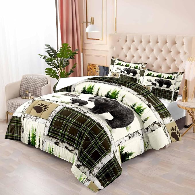 LUVIVIHOME 3PCS Rustic Cabin Bedding, Black Bear Comforter Set Queen Size, Country Lodge Farmhouse Forest Animal Wildlife Hunting Log Cabin Bedroom Decor, Green Plaid Patchwork Quilt, 2 Pillow Shams - LeafyLoom