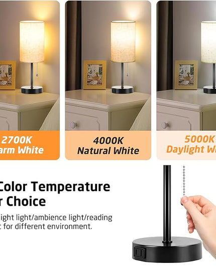 Small Table Lamp for Bedroom Set of 2 - Bedside Table lamps for Nightstand, 3 Color Temperatures Side Table Lamp with AC Outlet 2PK Black(2 Blubs Included). - LeafyLoom