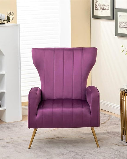 Armchair Modern Velvet Accent Chair, Channel Tufted Bedroom, Office or Living Room Furniture with Elegant Metal Legs, Purple - LeafyLoom