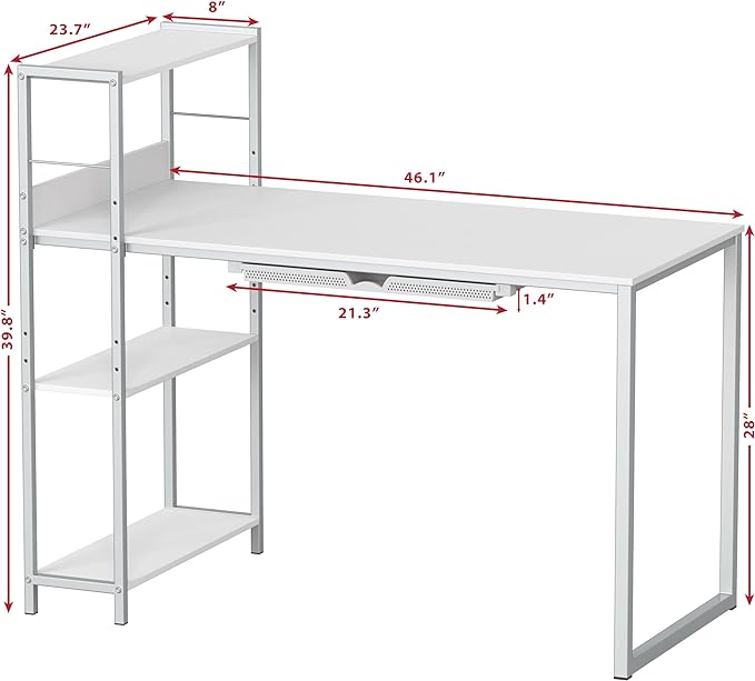 SHW 46-Inch Mission Desk with Side Shelf, 24" Deep, White - LeafyLoom