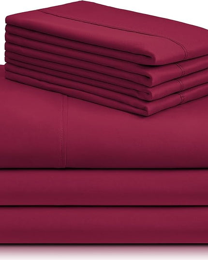 LuxClub 7 PC Split King Sheet Set, Breathable Luxury Bed Sheets, Deep Pockets 18" Eco Friendly Wrinkle Free Cooling Sheets Machine Washable Hotel Bedding Silky Soft - Burgundy Split King - LeafyLoom