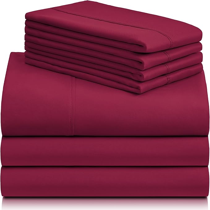 LuxClub 7 PC Split King Sheet Set, Breathable Luxury Bed Sheets, Deep Pockets 18" Eco Friendly Wrinkle Free Cooling Sheets Machine Washable Hotel Bedding Silky Soft - Burgundy Split King - LeafyLoom