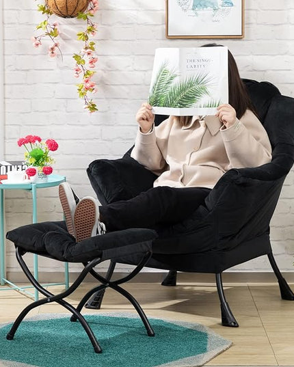 HollyHOME Modern Fabric Large Lazy Chair, Accent Oversized Comfy Reading Chair, Thick Padded Cozy Lounge Chair with Armrest, Steel Frame Leisure Sofa Chair for Living Room, Bedroom, Dorm, Black - LeafyLoom