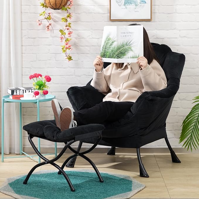 HollyHOME Modern Fabric Large Lazy Chair, Accent Oversized Comfy Reading Chair, Thick Padded Cozy Lounge Chair with Armrest, Steel Frame Leisure Sofa Chair for Living Room, Bedroom, Dorm, Black - LeafyLoom