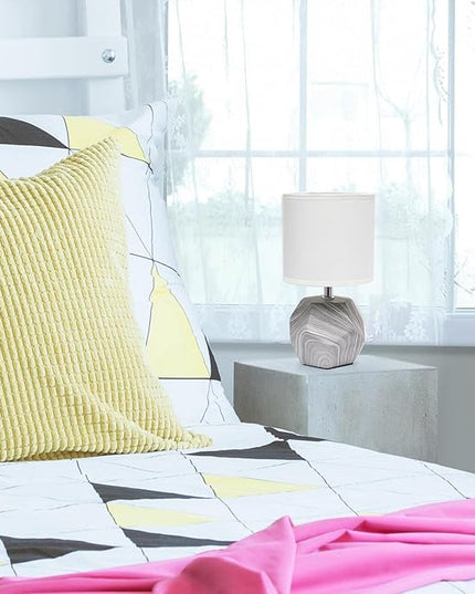 Simple Designs LT2065-MBL Round Prism Mini Table Lamp with White Fabric Shade, Gray Marble - LeafyLoom