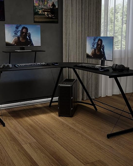 Flash Furniture Ginny Corner Desk - Black/Black Space Saving L-Shaped Gaming Desk with Monitor Shelf - 71.5" 2-Tier Computer Desk, Home Office Desk, Easy Assembly - LeafyLoom