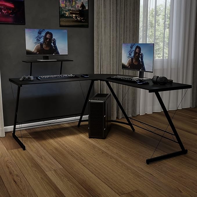 Flash Furniture Ginny Corner Desk - Black/Black Space Saving L-Shaped Gaming Desk with Monitor Shelf - 71.5" 2-Tier Computer Desk, Home Office Desk, Easy Assembly - LeafyLoom