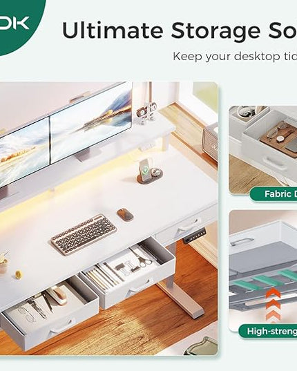 AODK 47 Inch Electric Standing Desk with 3 Drawers, White, Height Adjustable Desk with Power Outlets & LED Lights, Stand Up Desk with Monitor Shelf, Sit Stand Desk Computer Workstation - LeafyLoom