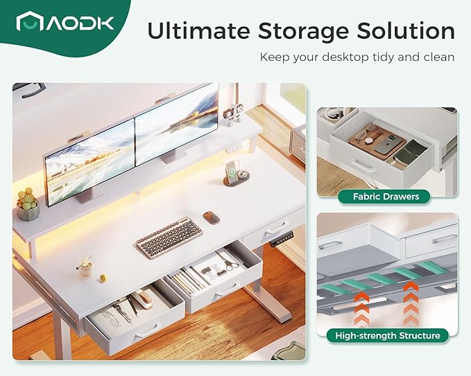 AODK 47 Inch Electric Standing Desk with 3 Drawers, White, Height Adjustable Desk with Power Outlets & LED Lights, Stand Up Desk with Monitor Shelf, Sit Stand Desk Computer Workstation - LeafyLoom