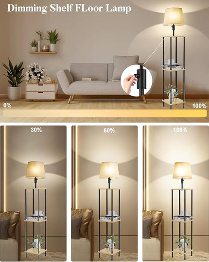 60IN Dimmable (Brightness Adjustable) Floor Lamp with Shelves, 3-Tier Corner Standing Lamp with Fabric Shade, E26 Bulb, Storage Shelf Tall Lamp for Living Room, Bedroom - LeafyLoom
