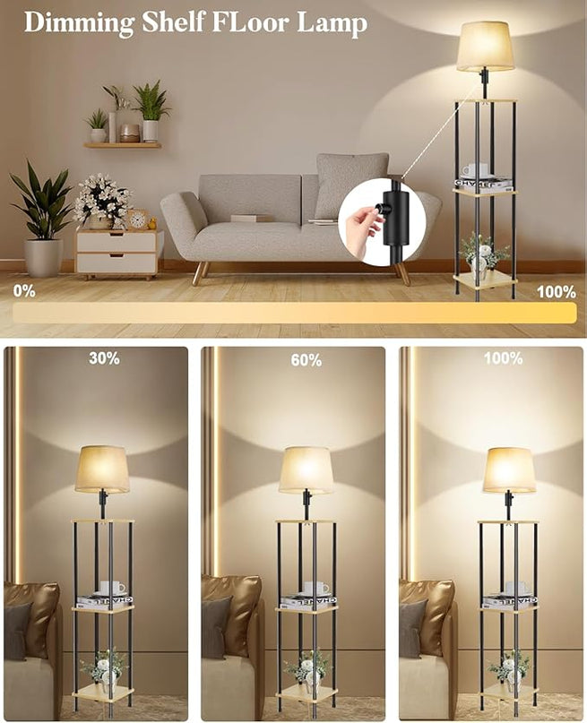60IN Dimmable (Brightness Adjustable) Floor Lamp with Shelves, 3-Tier Corner Standing Lamp with Fabric Shade, E26 Bulb, Storage Shelf Tall Lamp for Living Room, Bedroom - LeafyLoom