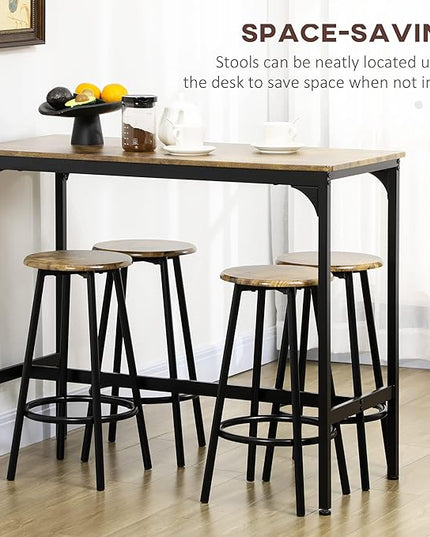 HOMCOM 5-Piece Counter Height Bar Table Set, Rustic 43.25" Dining Table with 4 Bar Stools, Kitchen Table with Wooden Top for Pub, Dining Room, Rustic Brown - LeafyLoom