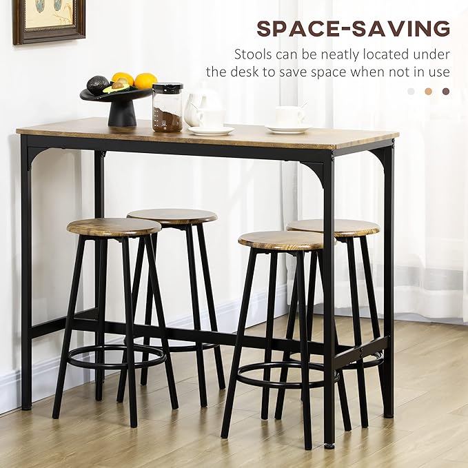 HOMCOM 5-Piece Counter Height Bar Table Set, Rustic 43.25" Dining Table with 4 Bar Stools, Kitchen Table with Wooden Top for Pub, Dining Room, Rustic Brown - LeafyLoom