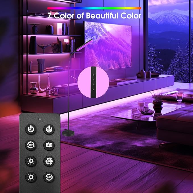 Floor Lamp, RGB Color Changing Dimmer Bright LED Floor Lamp with Stepless Adjustable 3000K-6000K, Smart Remote Control Modern Standing Floor Lamp for Bedroom, Reading, Gaming Room - LeafyLoom